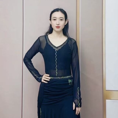 欢舞阁吉特巴摩登舞气质女士烫钻交际舞广场舞连裆长袖舞衣A0598