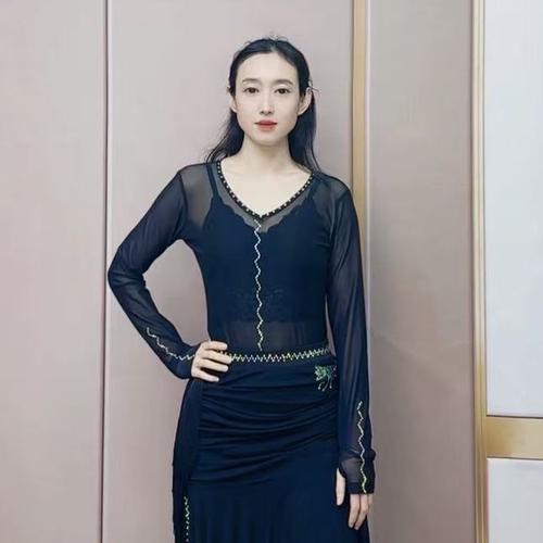 欢舞阁吉特巴摩登舞气质女士烫钻交际舞广场舞连裆长袖舞衣A0598