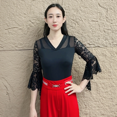 欢舞阁摩登舞吉特巴时尚气质女圆领拼接蕾丝七分袖舞蹈服A0936