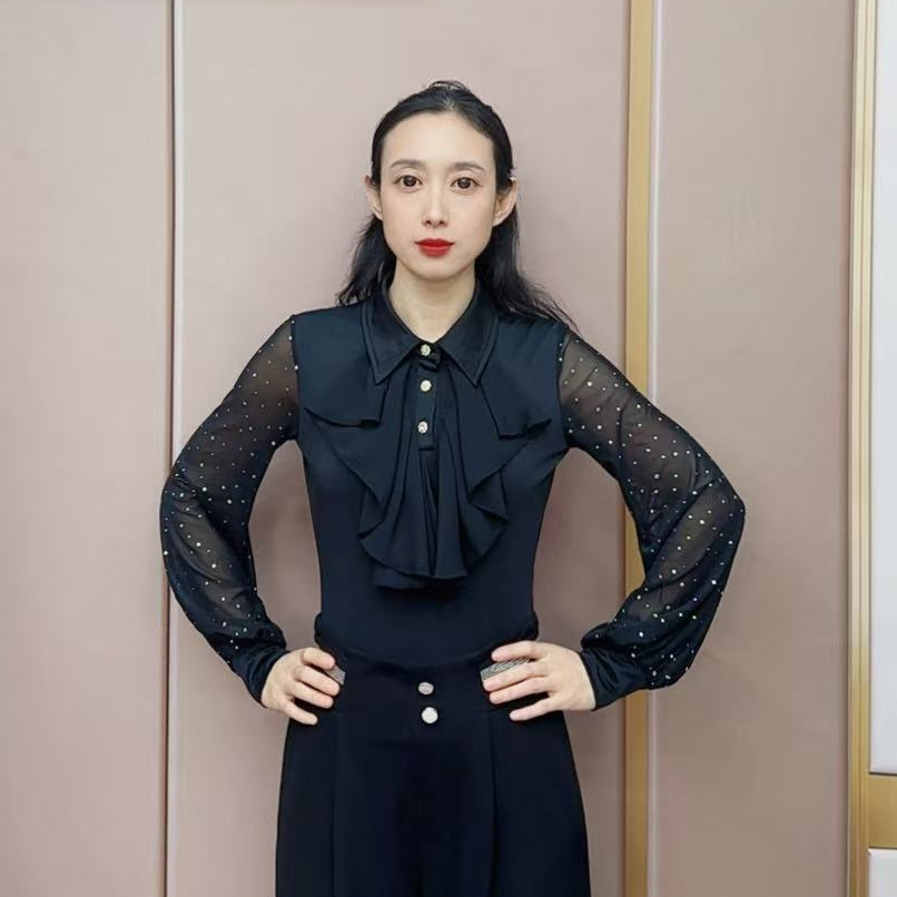欢舞阁摩登吉特巴女士衬衫领荷叶边交际广场时尚长袖舞衣A0760