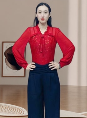 欢舞阁气质女士V领摩登双人舞吉特巴广场舞时尚长袖舞衣A0650