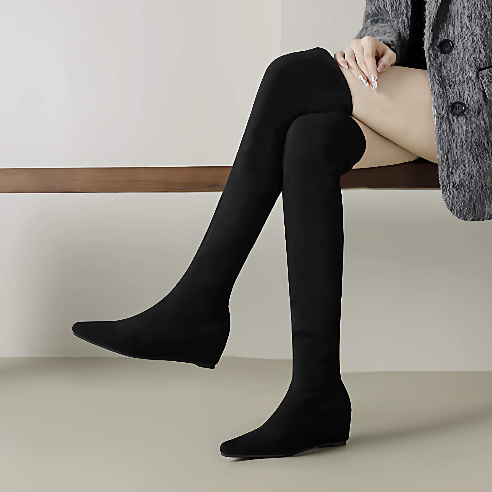 平底尖头内增高跟靴子过膝长靴女秋冬大码弹力瘦瘦靴长筒靴41到43,女鞋,弹力靴/袜靴,淘宝优惠券,粉丝福利购,淘宝优惠卷