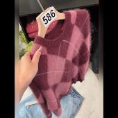 欧货撞色菱格纹设计感套头毛衣女秋冬新款 宽松显瘦慵懒风针织上衣