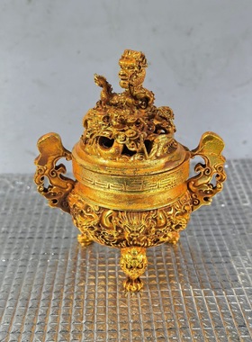 古玩收藏鎏金三足二龙戏珠香薰炉  家居办公摆件