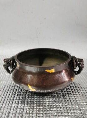 仿古香炉铜象耳平口炉黄铜仿紫铜色点金复古工艺 家居装饰工艺品