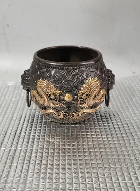 仿古紫铜色收藏鎏金铜双龙聚宝盆铜缸摆件古玩香薰炉工艺