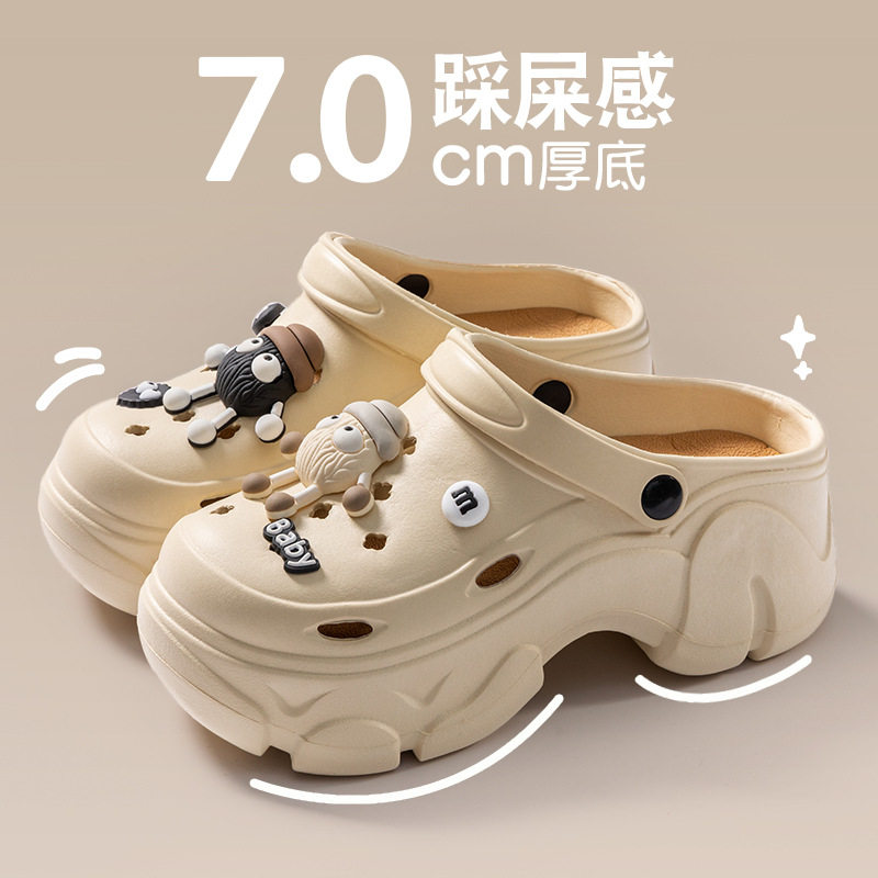 2025夏季新款厚底洞洞鞋女款可外穿海边沙滩防滑增高包头凉拖鞋潮