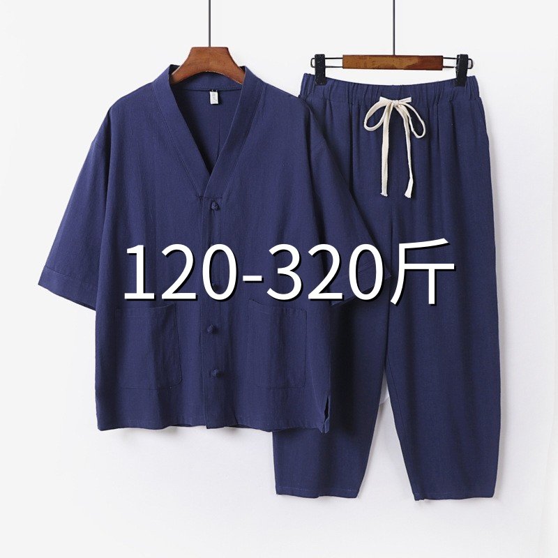 中老年唐装男夏季中国风棉麻套装加肥加大码短袖长裤中式半袖男装