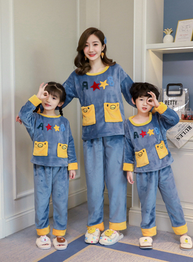 冬季亲子母女珊瑚绒加厚法兰绒男童卡通秋冬女童居家服睡衣可外穿