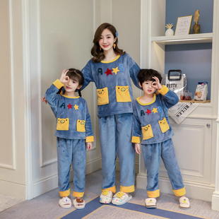 冬季亲子母女珊瑚绒加厚法兰绒男童卡通秋冬女童居家服睡衣可外穿