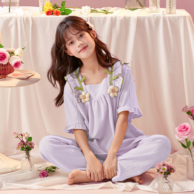 夏季女童纯棉短袖短裤长裤三件套