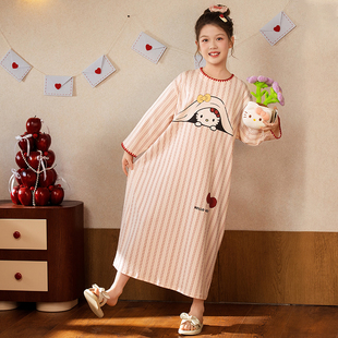 纯棉新款女童儿童睡裙女孩春秋长袖睡裙条纹中大童大码可爱家居裙