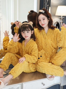 亲子睡衣秋冬季加厚珊瑚绒母女法兰绒儿童女孩家居服保暖套装新款