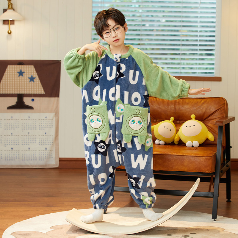 儿童秋冬连体睡衣男童加厚小男孩防踢分腿珊瑚绒中大童保暖家居服