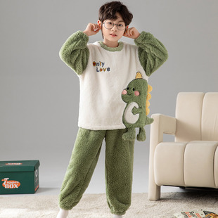秋冬可外穿加厚儿童睡衣珊瑚绒男童卡通恐龙家居服青少年男孩套装