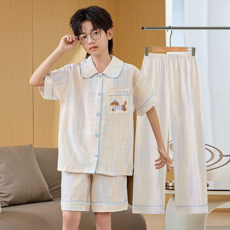 洋气云朵棉夏季儿童男孩男童睡衣三件套卡通青少年初中学生家居服