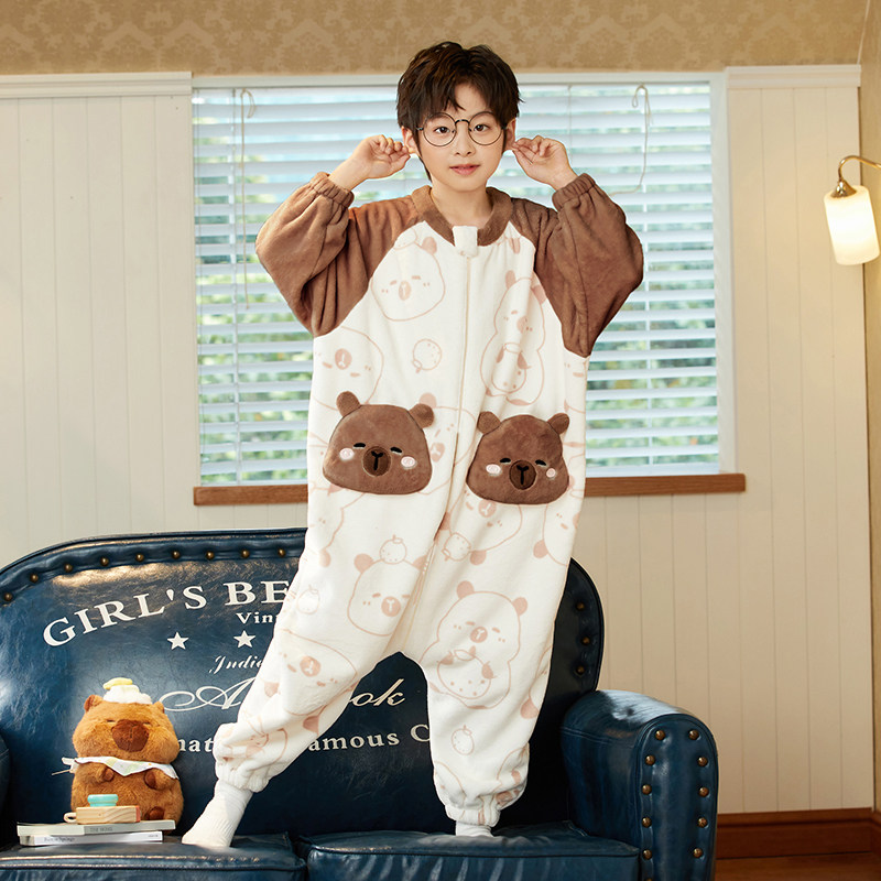 秋冬儿童柔软连体睡衣男童法兰绒男孩学生防踢珊瑚绒中大童家居服