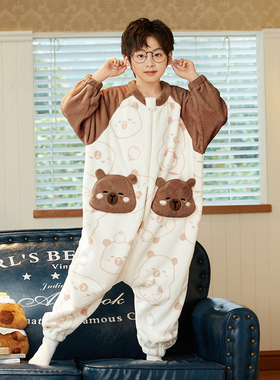 秋冬儿童柔软连体睡衣男童法兰绒男孩学生防踢珊瑚绒中大童家居服