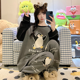 女童睡衣长袖纯棉女孩薄款春秋中大童儿童可爱企鹅亲子母女家居服
