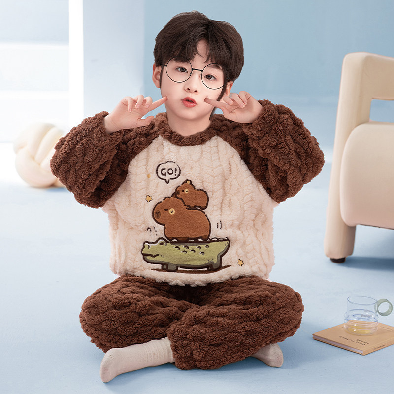 新款男童薄绒睡衣冬季提花绒保暖套装儿童青少年男孩珊瑚绒家居服