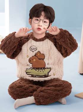 新款男童薄绒睡衣冬季提花绒保暖套装儿童青少年男孩珊瑚绒家居服