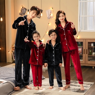 儿童睡衣金丝绒女孩男童秋冬薄绒暖气房亲子装一家四口情侣家居服