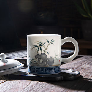 千红窑办公会议室陶瓷带盖套装釉下手绘中式男女茶杯个人高档杯子