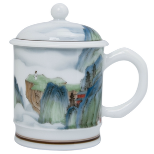 千红窑作品茶杯陶瓷办公杯醴陵釉下纯手绘釉下宋画山水带盖茶杯子