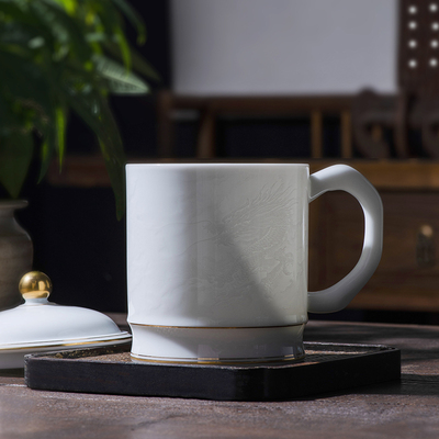 千红窑醴陵陶瓷茶杯描金龙凤茶杯带盖白玉泥高档水杯杯泡茶杯