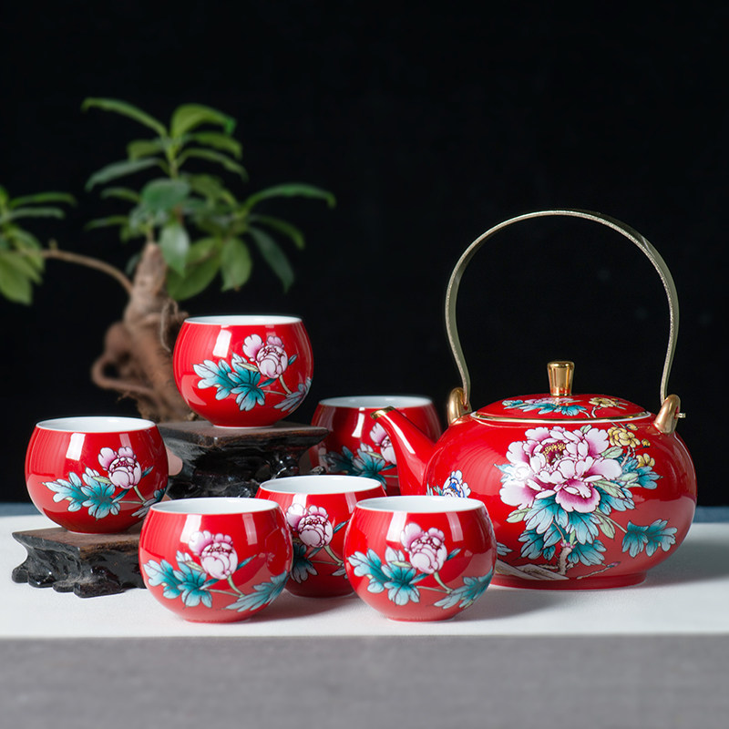 中国红瓷提梁壶陶瓷家用泡茶壶茶杯居家中式功夫茶具套装礼品