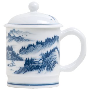千红窑作品茶杯陶瓷办公杯 醴陵纯手绘釉下蓝彩山水带盖泡茶杯子