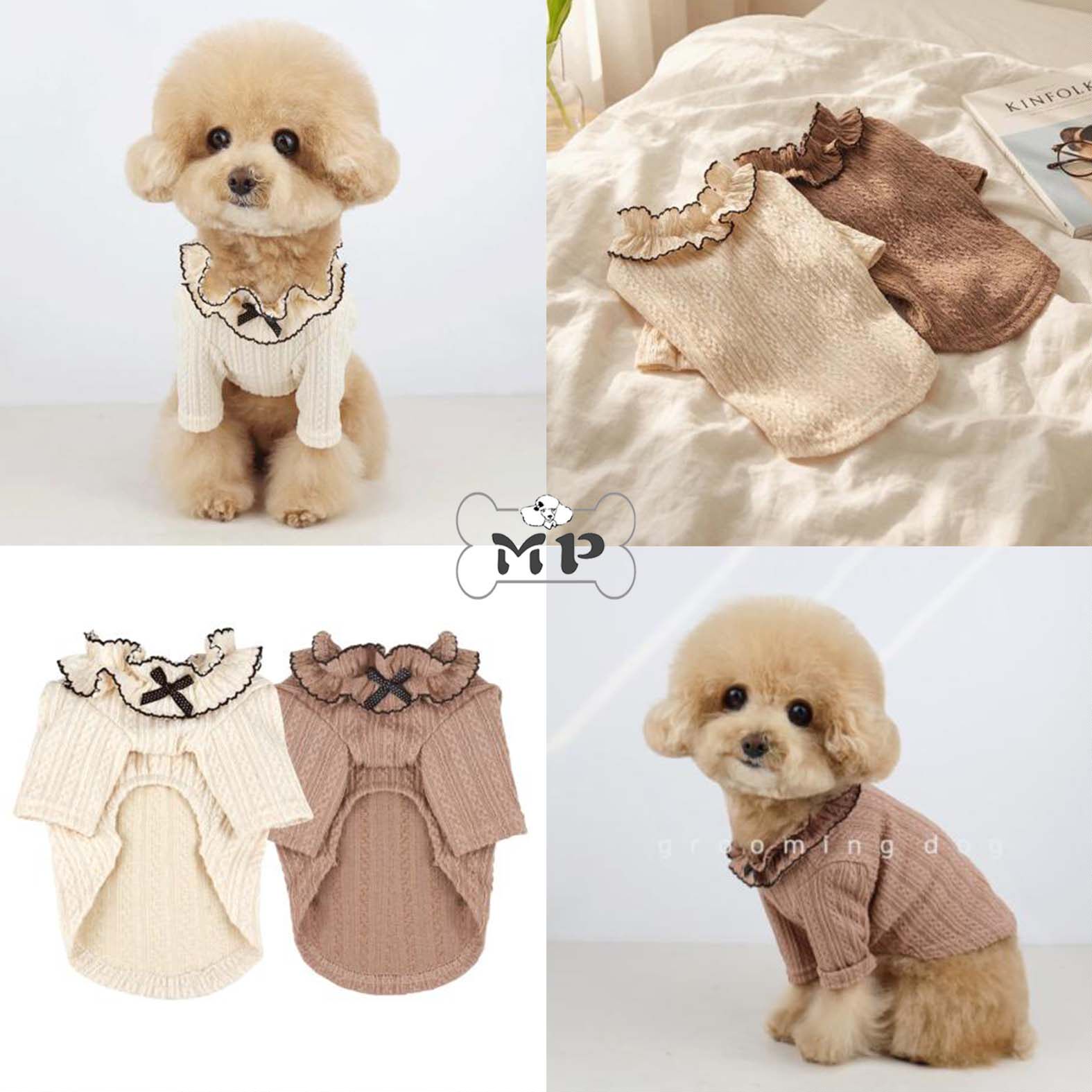 『Memory Pet』韩国grmd宠物春蝴蝶结压纹针织木耳荷叶边弹力T恤