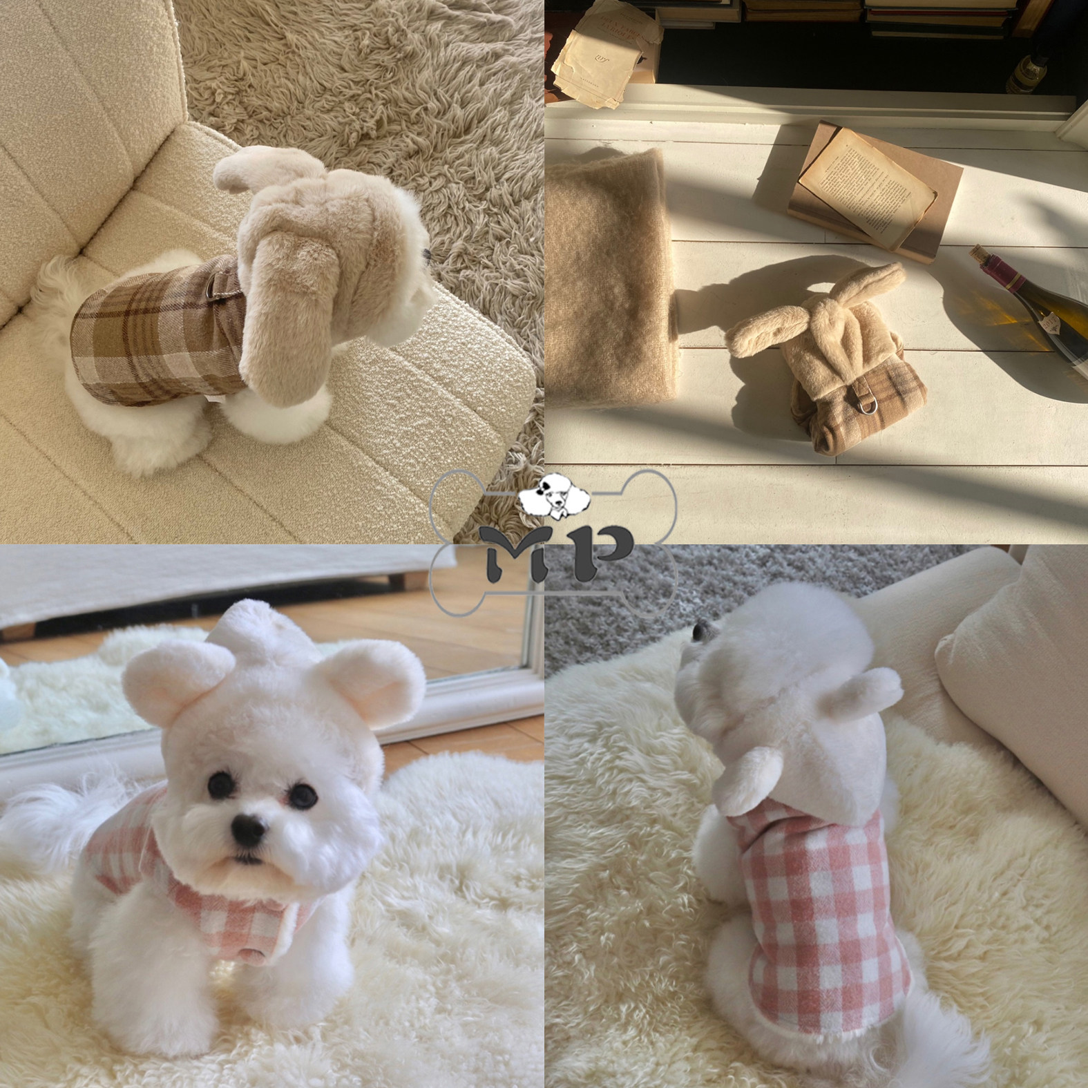 韩代宠物冬毛绒兔耳格纹马甲外套