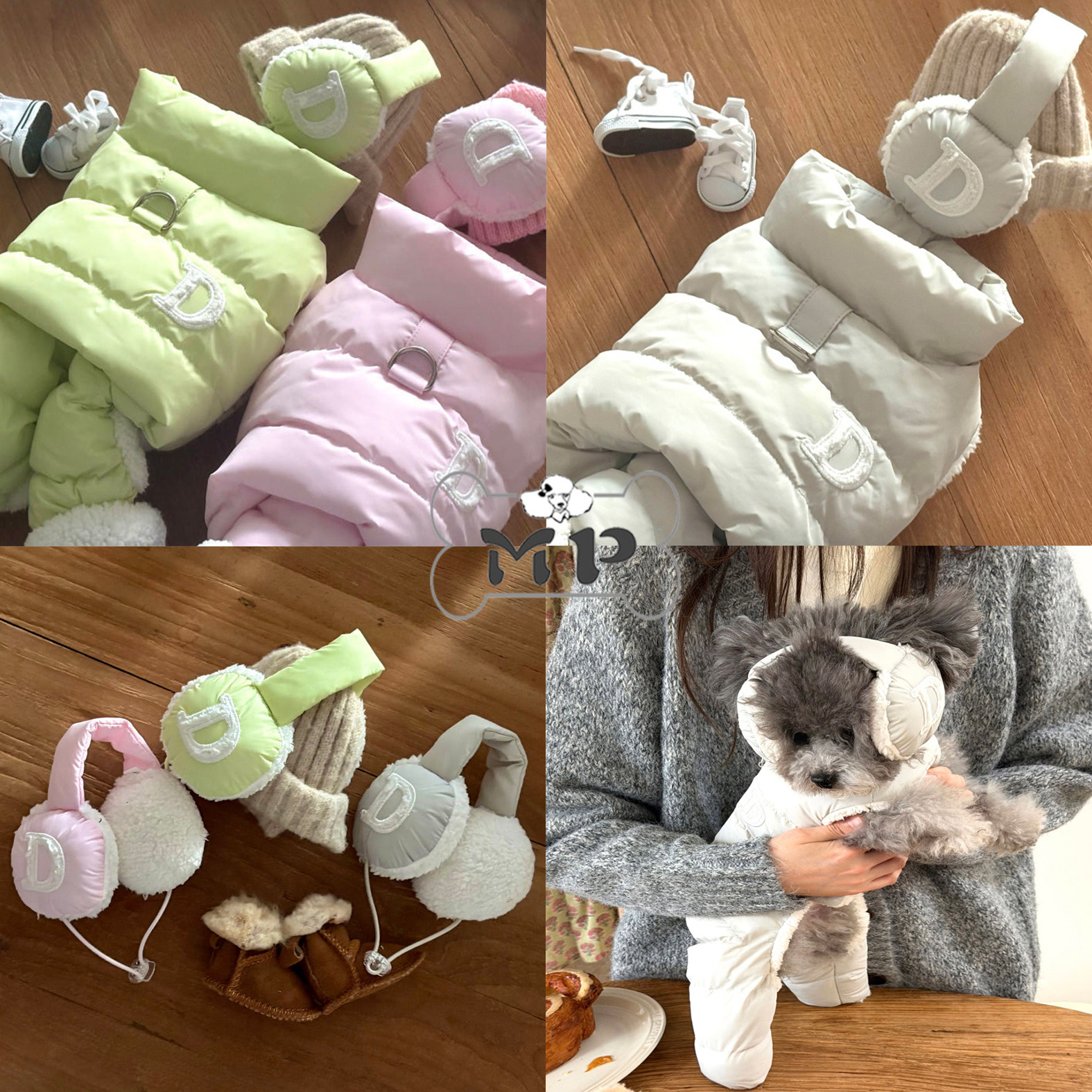 韩代宠物冬毛绒耳机罩牵引四脚衣