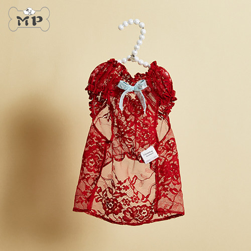韩代宠物樱桃红蕾丝蝴蝶结连衣裙