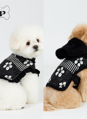 『Memory Pet』韩国montie宠物秋冬花朵针织荷叶边绒球连帽披风