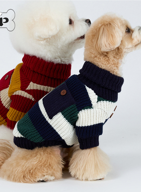 『Memory Pet』韩国代购宠物经典条纹配色纽扣口袋针织高领毛衣