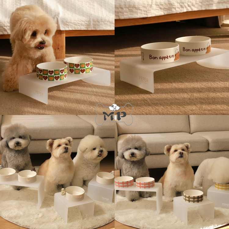 韩代宠物格纹小熊爱心陶瓷碗碗架