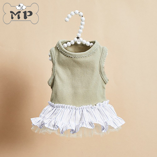 『Memory Pet』韩国代购louisdog宠物春秋蓝白条纹蕾丝叠层连衣裙