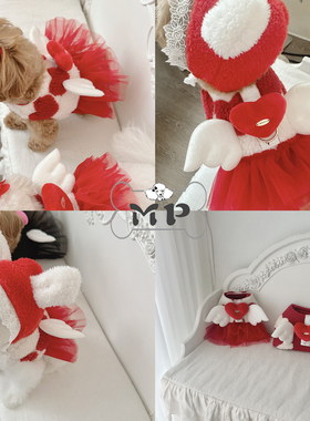 『Memory Pet』韩国comely宠物红色毛呢爱心翅膀蕾丝边发夹胸背