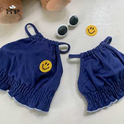 夏季弹性笑脸贴片牛仔吊带上衣