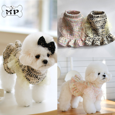 韩代宠物粗花呢蕾丝荷叶边连衣裙