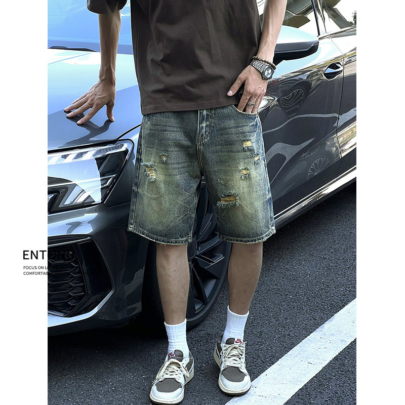 Entong美式痞帅破洞牛仔短裤男生夏季薄款外穿潮流复古宽松五分裤