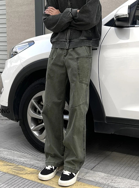 Entong美式复古军绿色直筒工装裤男生多口袋设计感百搭休闲长裤子