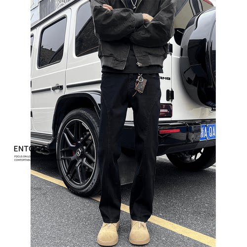 美式高街斜切春秋冬牛仔裤
