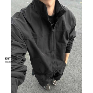 Entong美式教练黑色cleanfit立领夹克外套男款秋季宽松工装棒球服