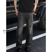 子 复古宽松阔腿vibe男水洗直筒裤 Entong高街潮牌黑灰色牛仔裤 美式