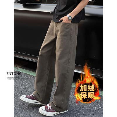 秋冬加绒复古咖色牛仔裤
