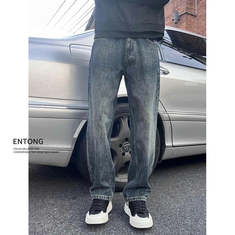 Entong美式潮牌猫须纹水洗牛仔裤男款秋季复古vibe直筒宽松长裤子