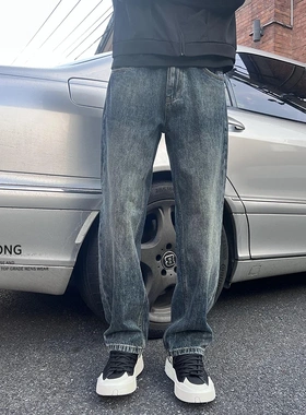 Entong美式潮牌猫须纹水洗牛仔裤男款秋季复古vibe直筒宽松长裤子